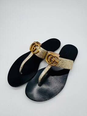 Gucci Marmont GG Metallic Gold Leather Thong Sandals EU 37 US 7